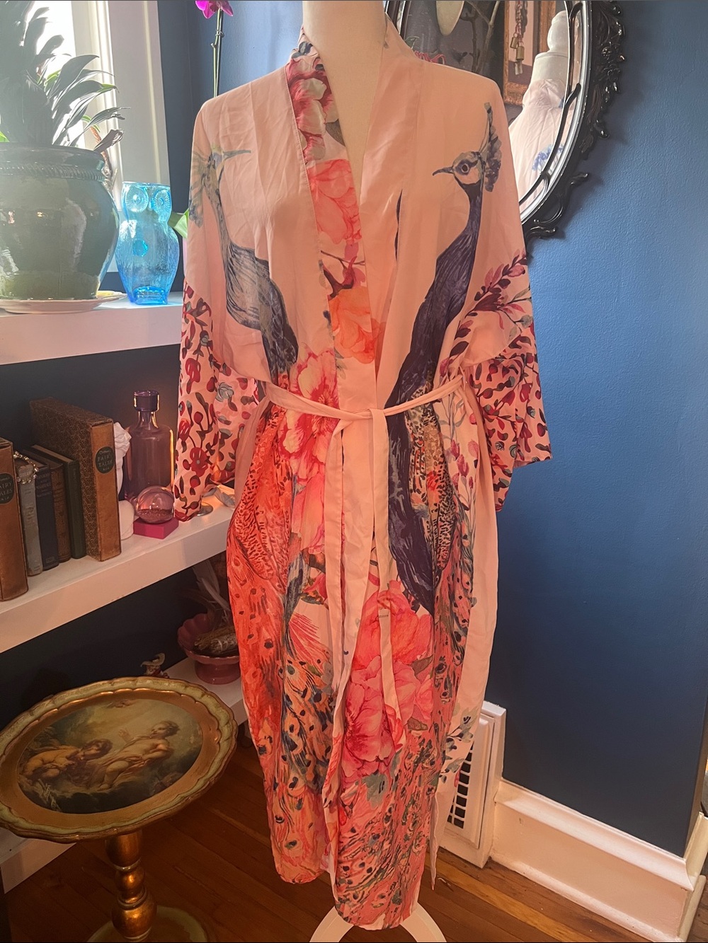 Peach Floral & Peacock Kimono Robe
